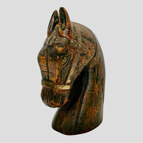 Horse Bust Profile Sculpture Bookend Brass Halter And Mane Over Painted Wood VTG - Picture 8 of 16